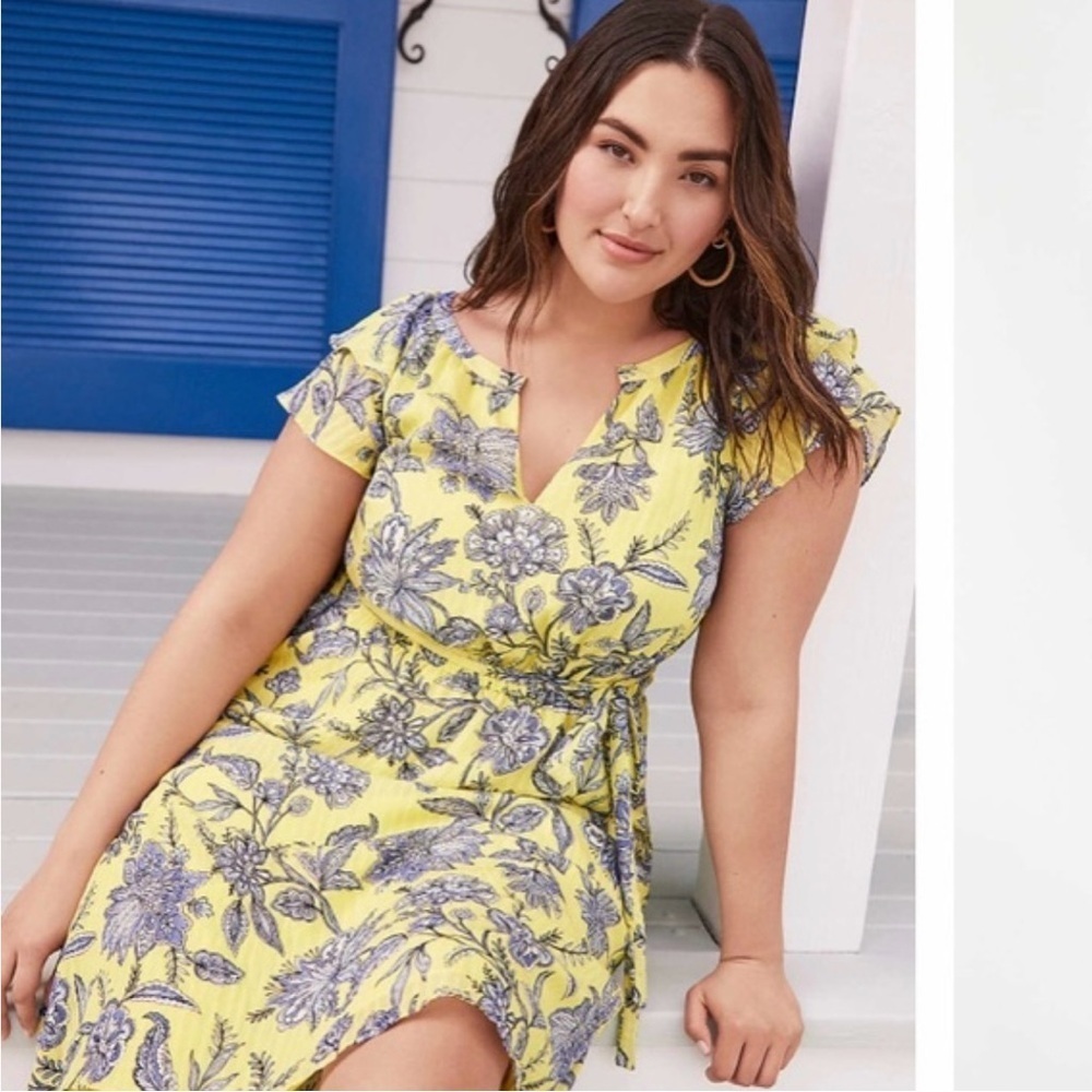LOFT Trellis Yellow Floral Garden Ruffle Midi Dress Women's XSP
